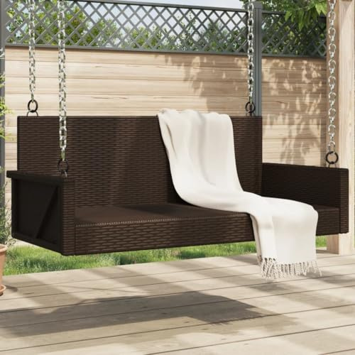 SKTQYQO Schaukelbank aus Polyrattan, braun, 119 x 56 x 48 cm, mit Befestigungsringen, Gestell aus pulverbeschichtetem Stahl, witterungs- und UV-beständig