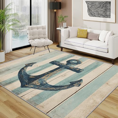 TerroVee Anker Teppich, Meer Nautisch Verwittert Teppiche rutschfest Waschbar Weich, Anker Maritim Wohnzimmerteppich Schlafzimmer Jugendzimmer, 120x180 cm, Blau Beige