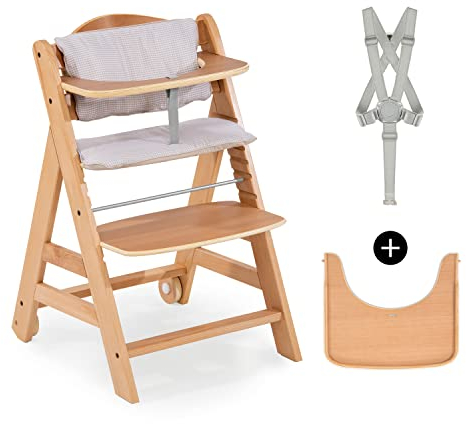 hauck Beta+, Natur - Mitwachsendes Kinderhochstuhl Set ab 6 Monaten bis 90 kg mit Rädern, Sitzkissen, Großes Essbrett, Kleiner Schutzbügel, 5 Punkt Gurt Sicherheitsgurt & Schrittgurt
