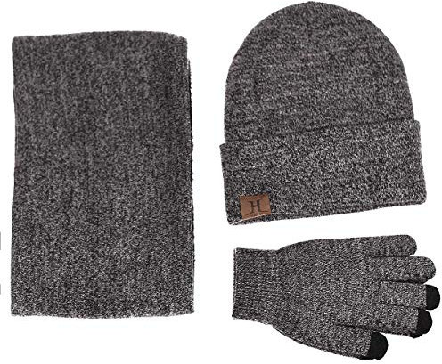 TMEOG Wintermütze Herren Mütze Schal Handschuh-Sets, Touchscreen Handschuhe Beanie Warme Mütze Strickmütze Winterschal Herren mit Fleecefutter (Hellgrau)