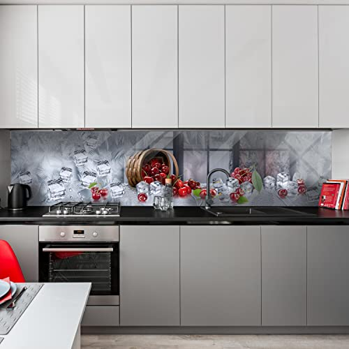 wandmotiv24 Küchenrückwand Kirschen Korb EIS Kalt Frost Fenster 260 x 60cm (B x H) - Acrylglas 3mm Nischenrückwand, Spritzschutz, Fliesenspiegel-Ersatz, Deko Küche M1138