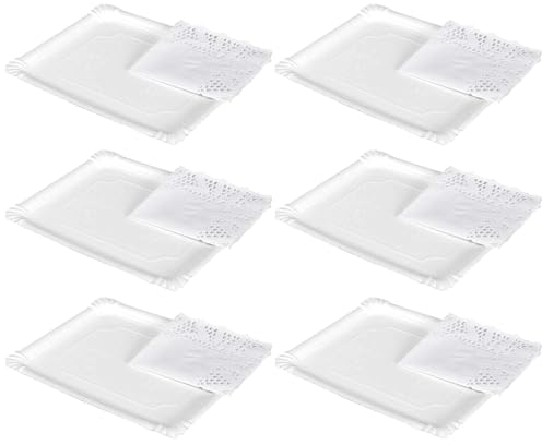 Tradineur - Pack de 6 bandejas y blondas rectangulares - Fabricación de cartón que incluyen blondas caladas 100% reciclables - Apto para uso alimentario - 31 x 38 cm - Color Blanco