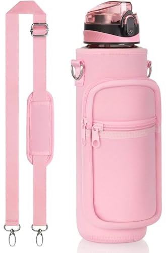 Fimibuke Bouteille d'eau de 950 ml avec manchon – Sans BPA étanche – Grande bouteille d'eau de motivation en plastique de 1 l avec paille, sangle et support isotherme en néoprène pour enfants, femmes,