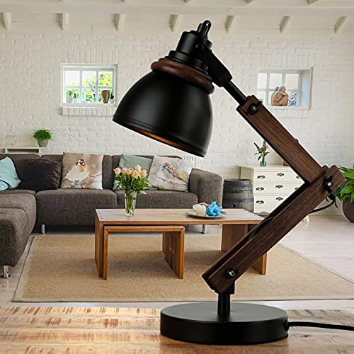 Schreibtischleuchte Metall Holz in Schwarz Natur Wohnzimmer Büro H:52 cm E14 Retro gemütlich verstellbare Tischlampe Innen NOAH