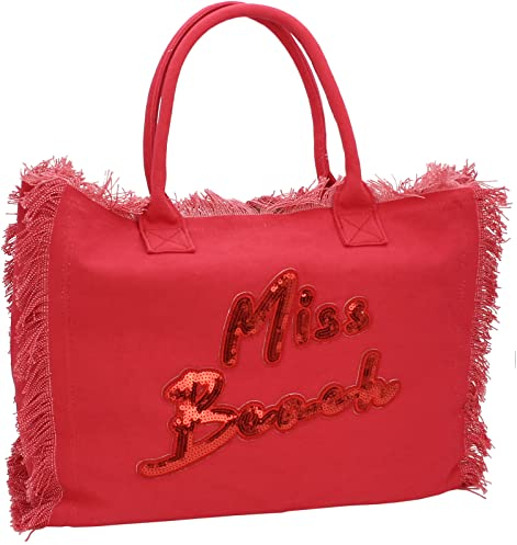 Miss Beach - Große XXL Badetasche mit Reißverschluss - Strandtasche - Picknick-Tasche aus Canvas (Rot)