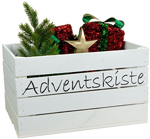 Kistenkolli Altes Land geflammte Adventskiste Weihnachtskiste mit Aufschrift Obstkiste Weinkiste Weihnachtsdeko Adventskalender (weiss mit schwarzer Aufschrift, L 50 x 40 x 29cm)