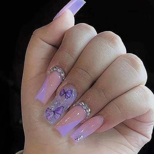 AKOFIC 24 Pcs Coffin False Nails Long, Ballerina Press on Nails No Glue, Glossy Purple Fake Nails with Butterfly Rhinestones Design, Reusable Full Cover Stick on Nails for Women Girls DIY Nail Art