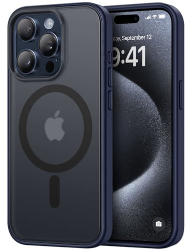 TENDLIN Magnetic Case Compatible with iPhone 15 Pro Max Case [Compatible with MagSafe] Translucent Matte Hard Back with Soft Silicone Bumper Comfortable Case (Blue)