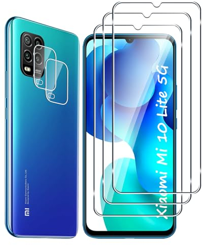 Fyqzio [3+2 Piezas Cristal templado compatible con Xiaomi Mi 10 Lite 5G y protector de pantalla de cámara,sin burbujas,dureza 9H,antiarañazos,HD protector de pantalla