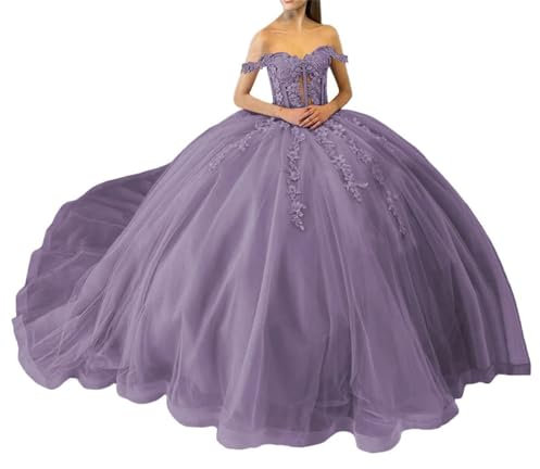 Vestidos de quinceañera con lentejuelas brillantes, con encaje y hombros descubiertos, vestido de baile de tul hinchado de princesa, morado, 42