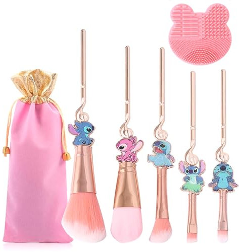Lot de 6 pinceaux de maquillage Stitch avec tapis de nettoyage, pinceaux cosmétiques pour poudre, fard à paupières, blushes, lèvres, Kawaii Lilo et Stitch cadeaux pour filles et femmes