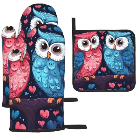Cute Love Heart Owl Bird Printed Oven Mitts And Pot Holders Sets Oven Mitts Heat Resistant Oven Gloves For Cooking Baking Kitchen BBQ