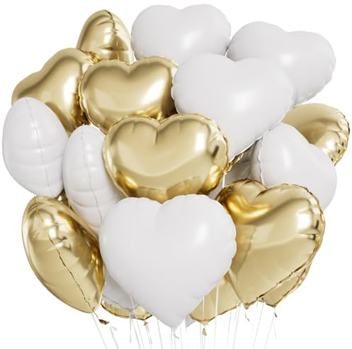 Herz Folienballon 24 Stück,Weiß Gold Herz Helium Luftballons,Heliumballon Herzen,Herzluftballons,Herzform Folienluftballon Herzballons für Geburtstag Hochzeit Valentinstag(Weiß Gold)