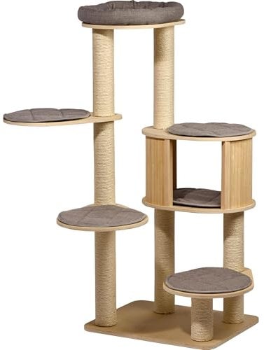 dobar® Großer Kratzbaum Ella Beige aus Holz 5-stufig - Katzenmöbel auch für große Katzen geeignet - 60 x 48 x 133 cm