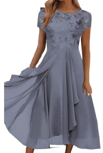 OULIWANGLUO Damen Spitze Chiffon Mid Lang Abendkleid Slim Elegant Hochzeit Cocktailkleid Lang Hochzeitsgast Partykleid Maxi Kleider (Grau2,M)
