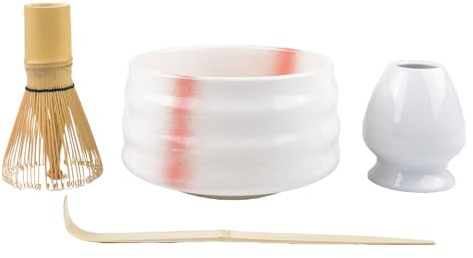 4 pcs Matcha Tea Set, Bamboo Matcha Whisk Set with Ceramic Bowl, Matcha Whisk, White Whisk Holder, Traditional Scoop for Japanese Matcha Tea Ceremony(Kiln Glaze-Pink)