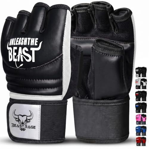 BEAST RAGE Karate Taekwondo-handskar för män och kvinnor, träningshandskar för Boxning MMA Kickboxning Sparring Kampsportshandskar - Träning Lätta träningspass, Muay Thai, Karav MAGA (Vit/Svart, L)