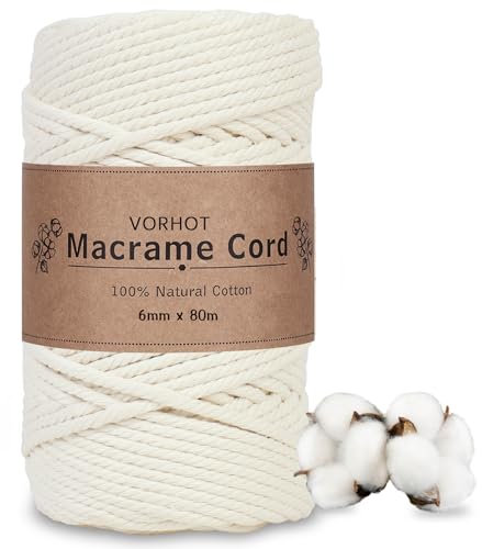 VORHOT Corde Macramé 6mm, Fil Macramé 6mm, Macrame Corde 80m Beige, Corde Macrame Coton 6mm, Bobine Fil Macrame pour Bricolage, Artisanat, Tapisserie, Plante Suspendue, Décoration Boho