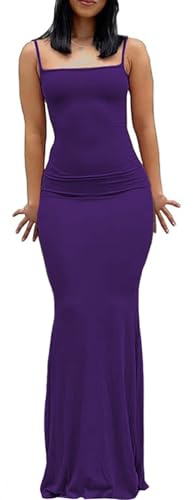 Abito lungo da donna, sexy, casual, elegante, senza maniche, con schiena scoperta, con spalline sottili, Viola scuro-1, M