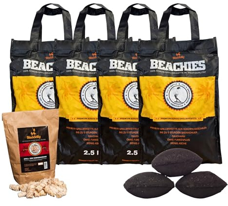BlackSellig Beachies 10 kg (4 x 2,5 kg) Kokos Grill Briketts – Reine Kokosnussschalen – Profiqualität – wenig Rauch, heiß & schnell | Für Kurze BBQs+800g Anzündwolle