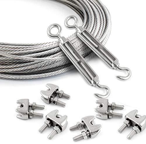 DQ-PP STAHLSEIL SET | 2mm | 30m | 6 x Seilklemmen Bügel 2mm | 2 x Spannschloss M4 Haken – Öse | Edelstahl INOX | 7x7 mittelweich | Drahtseil für Rankhilfe Rostfrei Seil Stahl Draht Forstseil Windenseil Spannseil Geländerseil