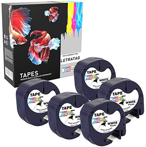 Prestige Cartridge Etikettenbänder für Dymo LetraTag LT100H LT100T LT110T QX50 XR XM 2000 Plus Etikettenmarker, Kunststoff, 12 mm x 4 m, Schwarz auf Weiß, 5 Stück