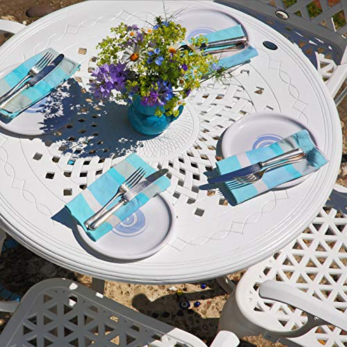 Lazy Susan 80 cm Runder Anna Gartentisch in Weiß mit 4 Kate Stühlen und beige Sitzkissen | Nachhaltiges Sandguss-Aluminium | Wetterfest | Rostfrei | Wartungsarm | 3 Jahre Garantie