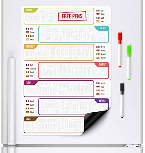 CKB Ltd Varios idiomas Pizarra magnética para nevera de color blanco y bolígrafo imán limpieza en seco memo avisos planificación diaria comida dieta alimentos entrenamiento borrado en seco semanal A3