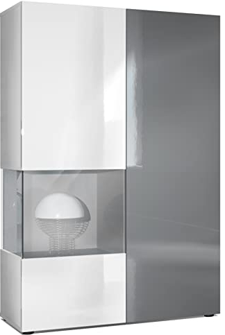 Vladon Vitrine Kommode Hochschrank Morena, Made in Germany, Korpus in Weiß matt/Rechte Tür und der Einsatz in Grau Hochglanz
