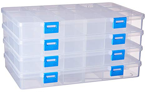 BENECREAT 4 PACK 18 Grids Plastic Storage Box Jewellery Box with Adjustable Dividers Earring Storage Containers Clear Plastic Bead Case(24x14.5x3cm, Compartment: 4x3.5x2.6cm)