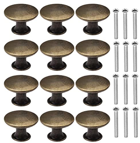 kuou 12 Pcs Bronze Kitchen Cabinet Drawers Cupboard Door Knobs, Vintage Copper Round Knobs Handles for Drawer Wardrobe Cupboard Door(30mm/with Screws)