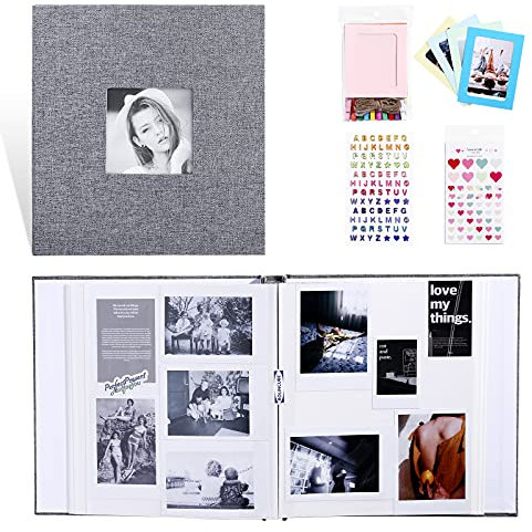 Album Photo Adhesif, Album Photo Traditionnel Famille 27 x 29cm, Gros Album photo Autocollant 200 Photos, Couverture en Lin Gris 20 Feuilles/40 Pages DIY Collection Billets Cartes Timbres Mémorial