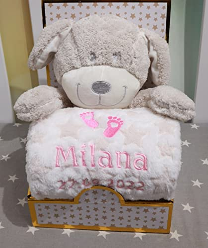 Geschenk-Set New Baby ★ Babydecke mit Namen + Plüschtier ★ Baby-Shower ★ Geburt ★ (Beige - Hund 3)