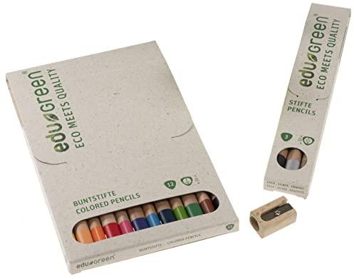 eduGREEN® – 16er-Set – 12 Buntstifte, 3 Stifte (Gold, Silber, Graphit) mit Qualitätsmine in Graskarton-Schachtel, Holzspitzer. Holz aus zertifiziertem Anbau, Lack wasserlöslich, Prägefolie abbaubar