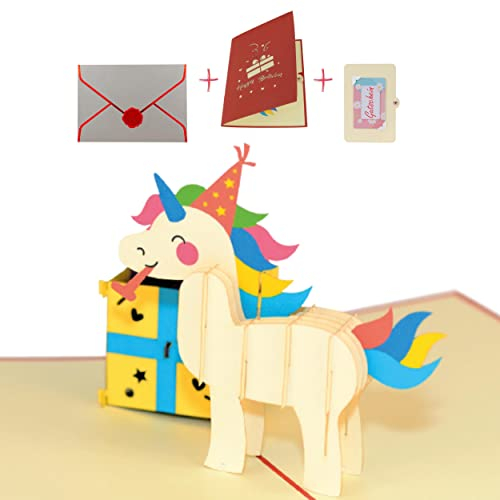 uniqHeart® Handgemachte 3D Pop-Up Karte Einhorn mit Geschenk - inkl. edlem Wachs-Siegel und elegantem Geschenk-Umschlag - ausgefallene Kinder-Geburtstag Glückwunsch-Karte - Einhornkarte