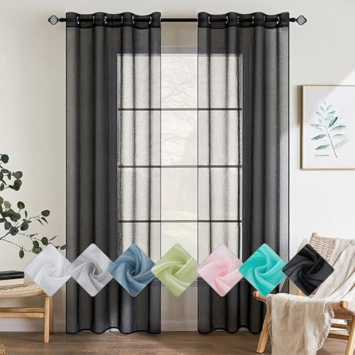 EMEMA 2er Set Sheer Voile Vorhang mit Ösen Transparente Gardine aus Voile Polyester Ösenschal Transparent Wohnzimmer Luftig Dekoschal für Schlafzimmer 140 X 245 cm (B x H) Schwarz