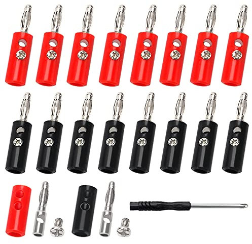 KUOQIY 18 PCS Nickel Plated Banana Plug Connector, 4mm Speaker Plug Speaker Cable Connectors, with screwdriver, for Musical Audio Speaker Wire & Audio/Video Receiver, 9 Red + 9 Black
