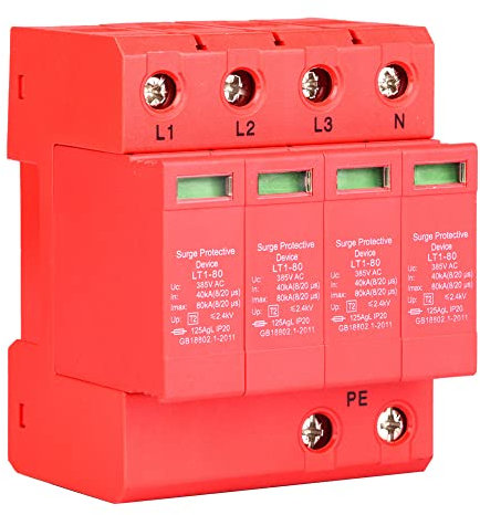 Wakects 4P House Parafoudre Parafoudre Basse Tension Parafoudre 40KA Rail DIN pour la Protection contre le Tonnerre, Triphasé à Quatre Fils(4P40KA)