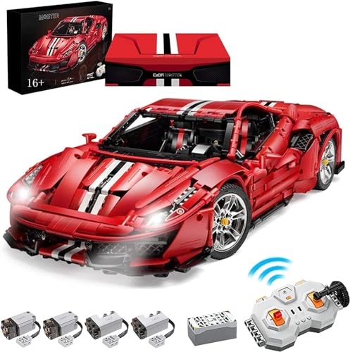 Technik Autos für Farrari 488 Pista, Mit Motoren Set und LED Licht, 1:8 Groß Automodell Bausatz, 3187 Klemmbausteine Auto MOC Set, Kompatibel mit Farrari Technik