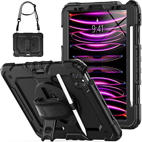SEYMCY Case for iPad Pro 11 Inch 2022/2021/2020/2018 (NOT Fit 2024 Released Version), Full-body Shockproof with Rotating Stand & Hand Strap, Screen Protector, Pencil Holder, Carrying Strap, Black