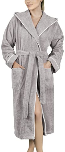 LAYNENBURG Bademantel Damen Frottee - Kapuze - Lang - 100% Baumwolle (360g/m2) - OEKO TEX Standard 100 - Größe (XL, Grau)