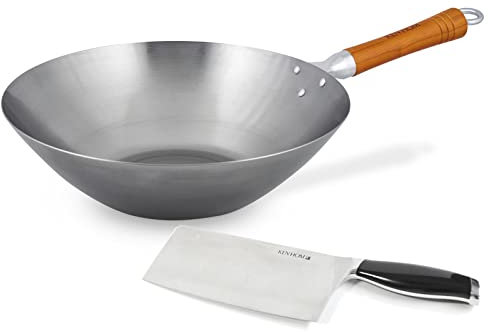 Ken Hom großer Wok 31 cm aus Karbonstahl und mit Holzgriff - Wokpfanne ohne Induktion - Set inkl. Hackmesser 18 cm
