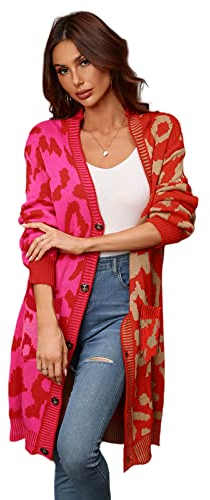 HEYPORK Damen Herbst Winter Warm Bequem Jacke Casual Mode übergangsjacke Mantel Frauen Leopardenmuster Pullover Strickpullover Strickjacke Mittellange Jacke(Rot, M)