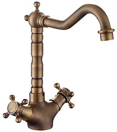 Antique Copper Kitchen Tap Brass Lavatory Faucet Kitchen Sink Brushed Tap Washroom Gentle Vintage Faucet for Hot and Cold Water Kitchen Mixer Tap Dual-Lever Swivel Spout Rotating N
