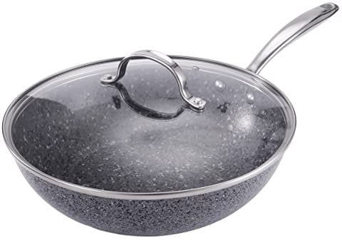 Unique Craft Nonstick Wok Pan with lid, Granite Effect - Flat Bottom, Non-Scratch Coating for Cooking, Boiling, Sautee, Steam - Ideal for Gas, Electric, Induction & Ceramic Stoves, 28 cm