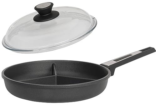 SKK 2-tlg. Gusspfanne Ø 28 cm 3-fach geteilt - Induktion - Aluguss Antihaft Pfanne ideal zum Braten dreierlei Speisen & Glasdeckel - Made in Germany