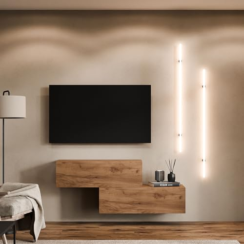 Planetmöbel TV Wohnwand Wohnzimmer 2X 100 cm Gold Eiche, Modern, TV Schrank mit 2 Klappen als Stauraum, hängend oder stehend