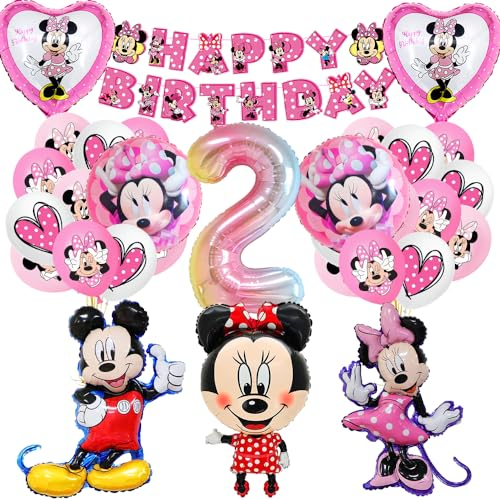 Geburtstagsdeko 2 Jahre Mädchen - Rosa Luftballons, Maus-Folienballons, Themed Party Supplies für Kinder