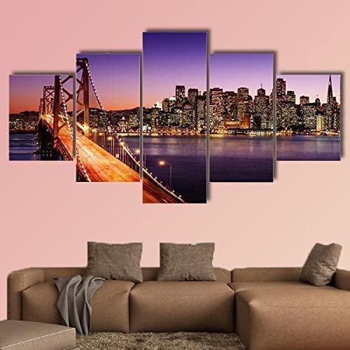 Bilder 5-Teilig Leinwandbilder Skyline Von San Francisco Und Bay Bridge Moderne Dekorative Gemälde Auf Leinwand Wandbilder Für Wohndekorationen Wanddeko (Xxl/Mit Rahmen 200 X 100 Cm) Schla -0X7V+I0D