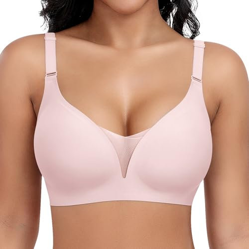 Jiuday BH Damen ohne Bügel Große Brüste Starker Halt Push Up BH ohne Buegel Seamless Bequem Klassische Soft Nahtloser Bügelloser T Shirt Bra Gepolstert Mesh Bralette (Rosa,L)